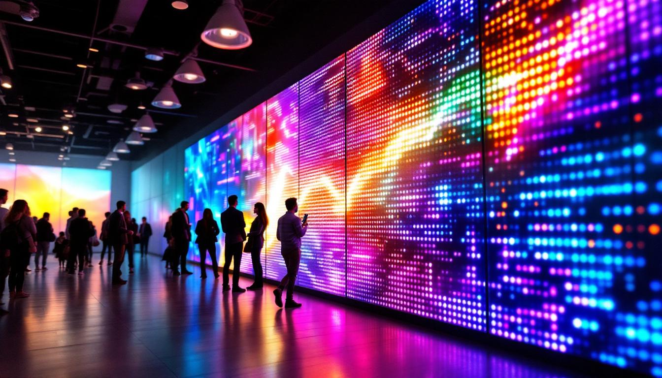 A photograph of a vibrant and dynamic led wall display in a modern setting