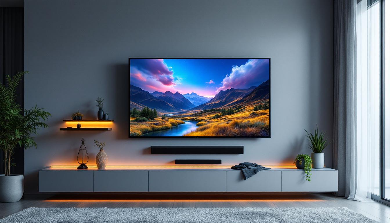 A photograph of capture a photograph of a modern entertainment wall featuring a sleek led display