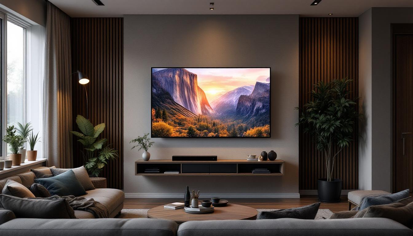 A photograph of a living room setup featuring a mounted led tv at an optimal viewing height
