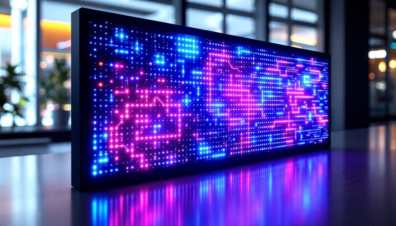 A photograph of a sleek black lattice panel featuring an illuminated led display