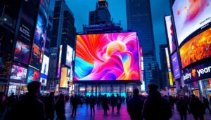 A photograph of a vibrant led display in a bustling urban environment