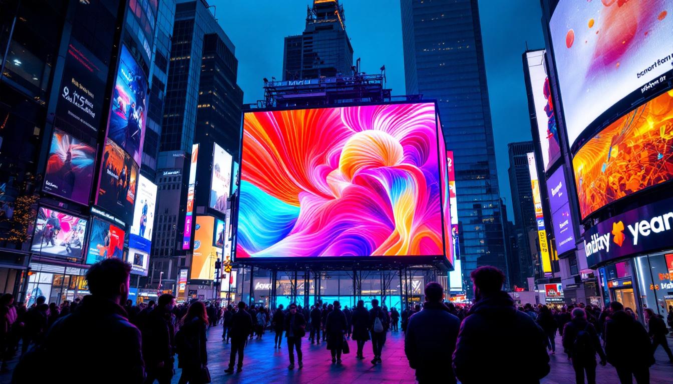 A photograph of a vibrant led display in a bustling urban environment