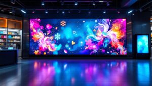 A photograph of a vibrant led display in a retail environment
