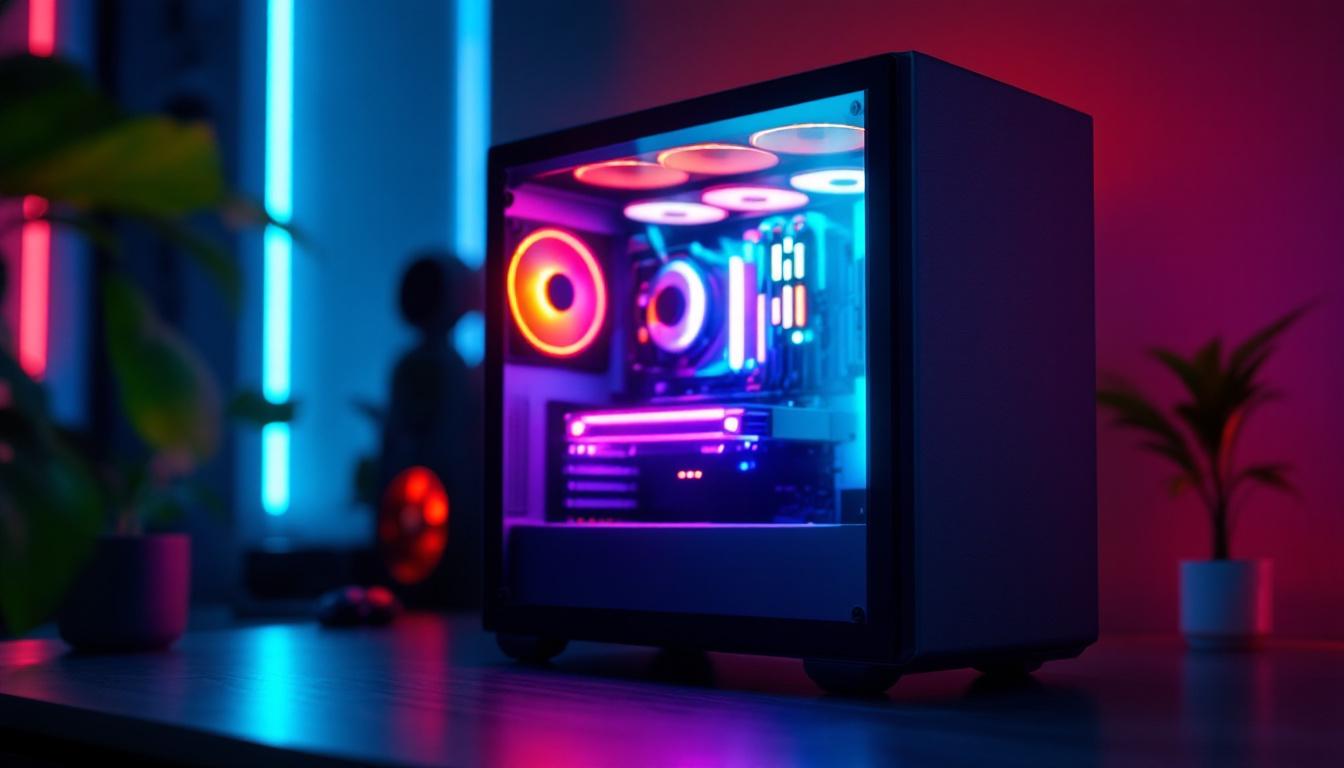 A photograph of a sleek pc case featuring a vibrant led lcd display