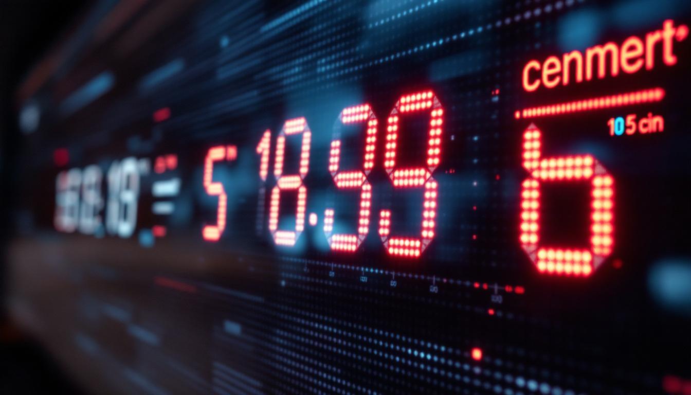 A photograph of a close-up shot of a led display screen showing a measurement conversion from centimeters to inches