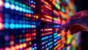A photograph of a close-up shot of a colorful led display in a dimly lit environment