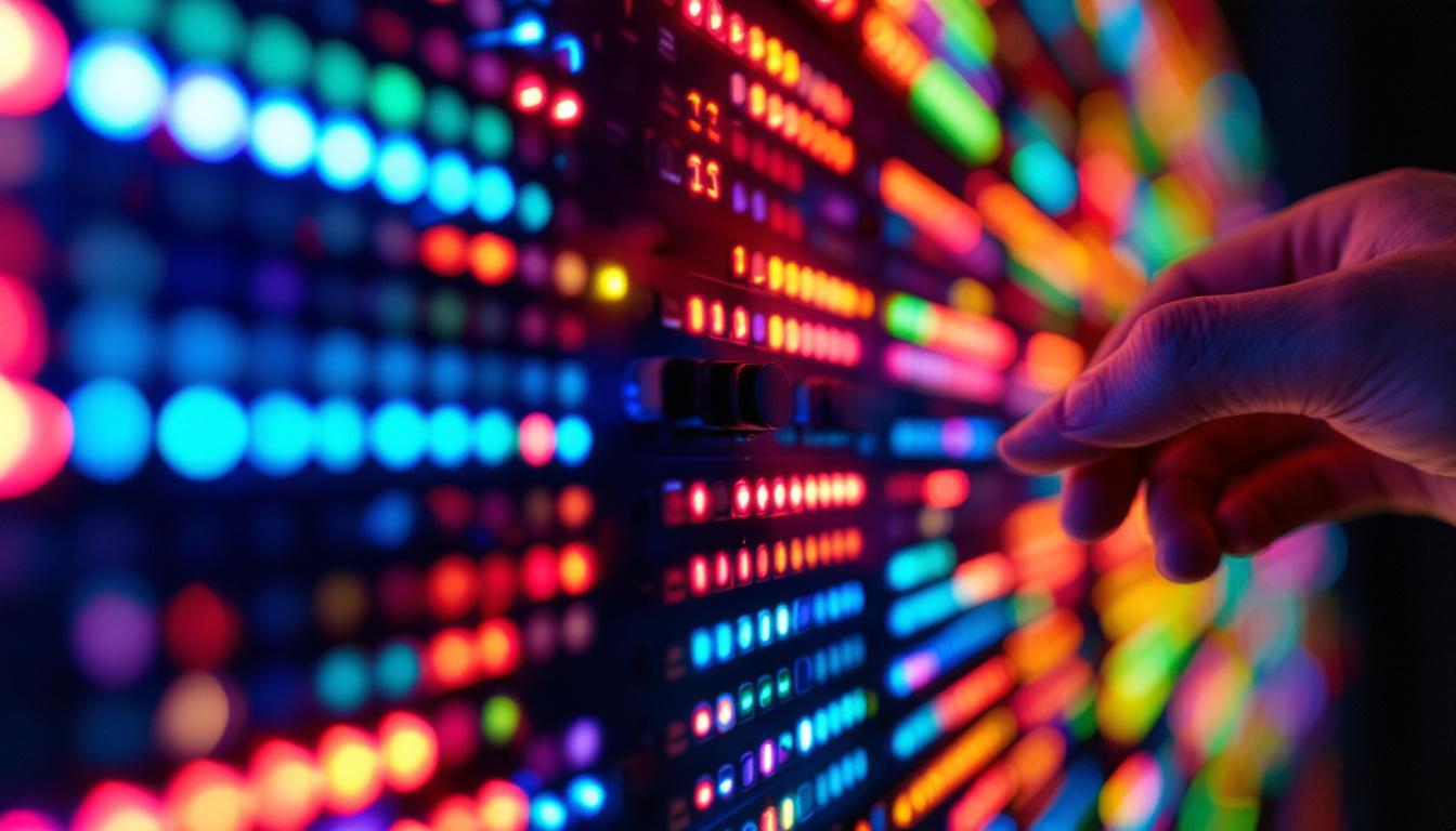 A photograph of a close-up shot of a colorful led display in a dimly lit environment