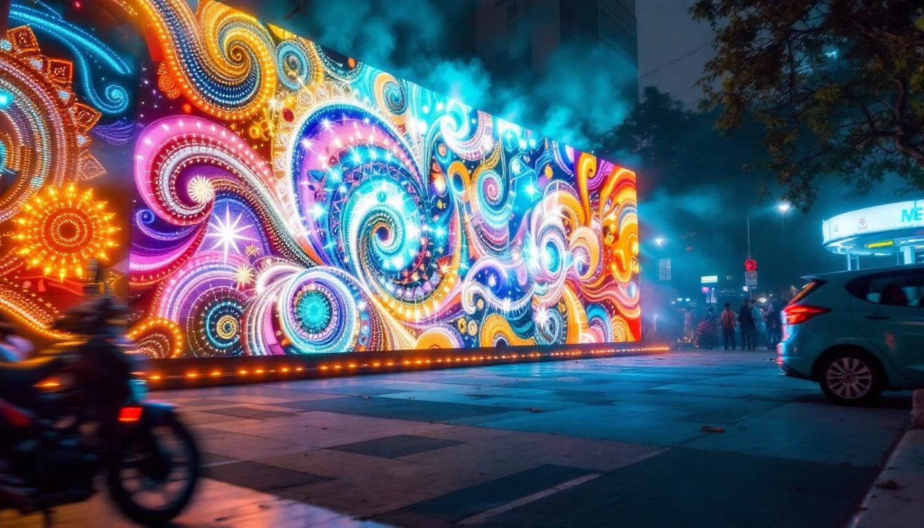A photograph of a vibrant led display in an urban indian setting