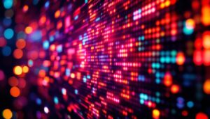 A photograph of a vibrant led display showcasing a dynamic pixelated image