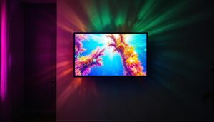 A photograph of a vibrant led display projecting a colorful image onto a textured wall