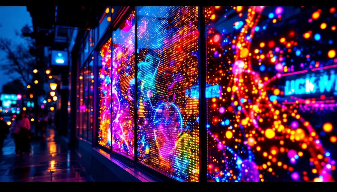 A photograph of a vibrant led window display at dusk