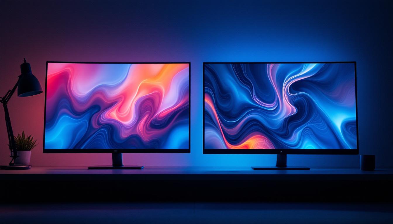 A photograph of a side-by-side comparison of an lcd monitor and an led display