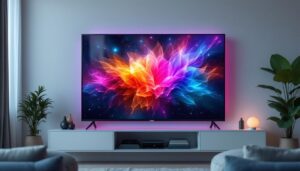 A photograph of a sleek 42-inch plasma tv displaying vibrant led visuals in a modern living room setting