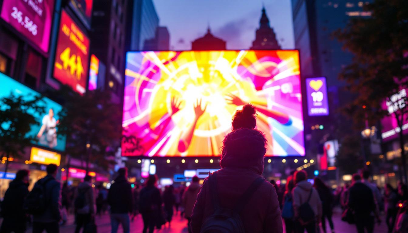 A photograph of a vibrant led display in a bustling urban environment at dusk
