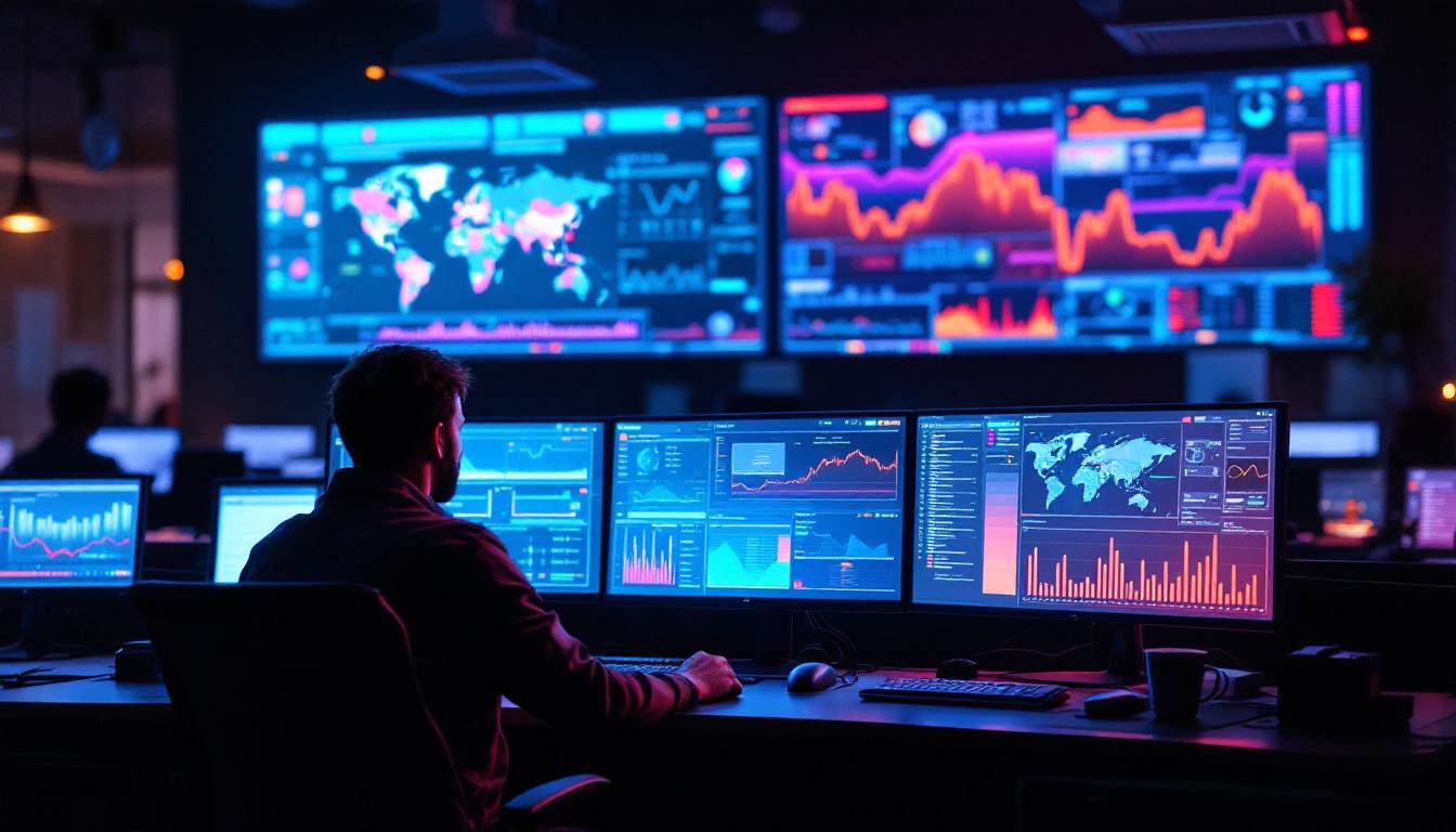 A photograph of a modern control room showcasing multiple led display monitors in action