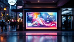 A photograph of capture a photograph of a vibrant led display showcasing foot solutions' branding and products