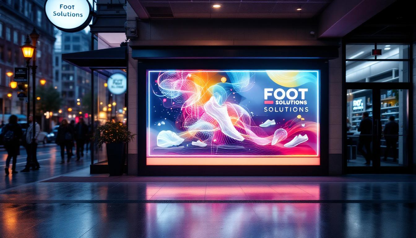 A photograph of capture a photograph of a vibrant led display showcasing foot solutions' branding and products