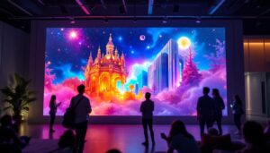 A photograph of a large led display screen showcasing vibrant visuals in a well-lit environment