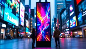 A photograph of a narrow vertical led display in an urban setting