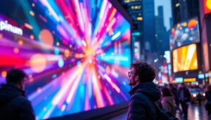 A photograph of a vibrant led display in a bustling urban setting