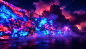 A photograph of a dramatic wall cloud formation illuminated by the vibrant colors of an led display
