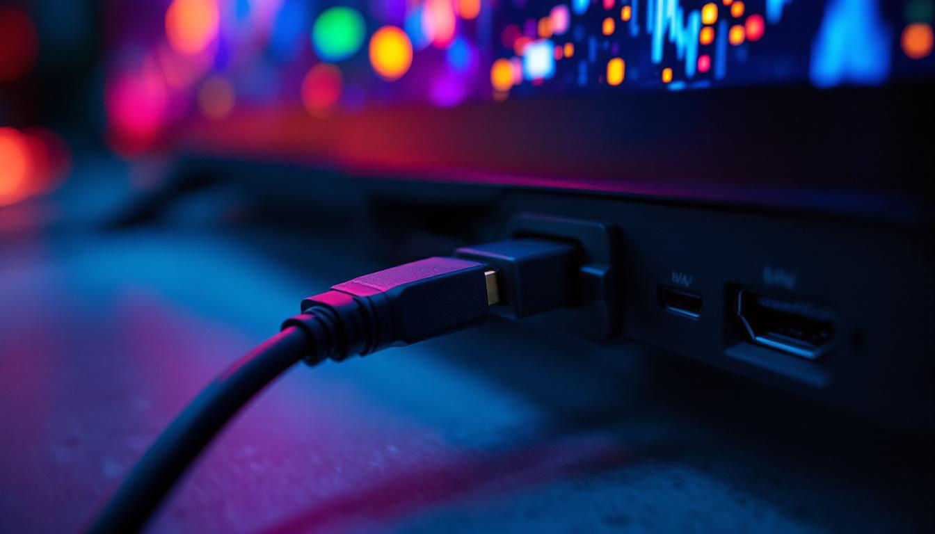 A photograph of a close-up shot of an hdmi 1.4 and displayport cable connected to an led display
