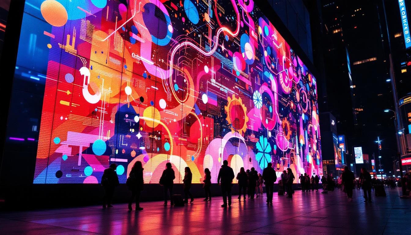 A photograph of a vibrant led display in a dynamic urban setting