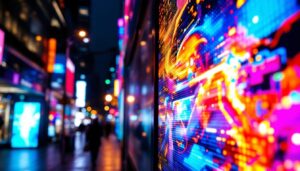 A photograph of a vibrant led display in an urban setting