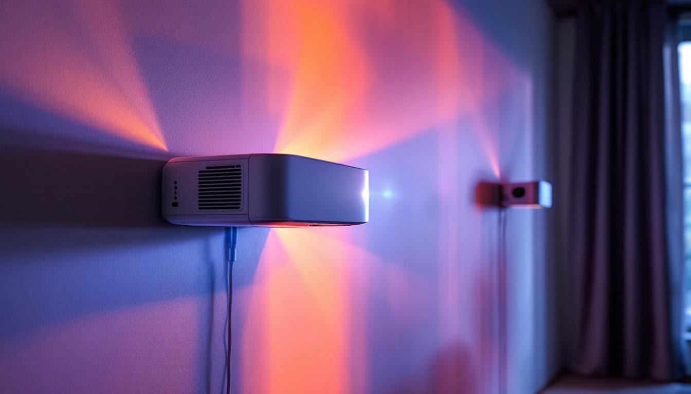 A photograph of a close-up shot of a wall-mounted led projector displaying vibrant visuals on a blank wall