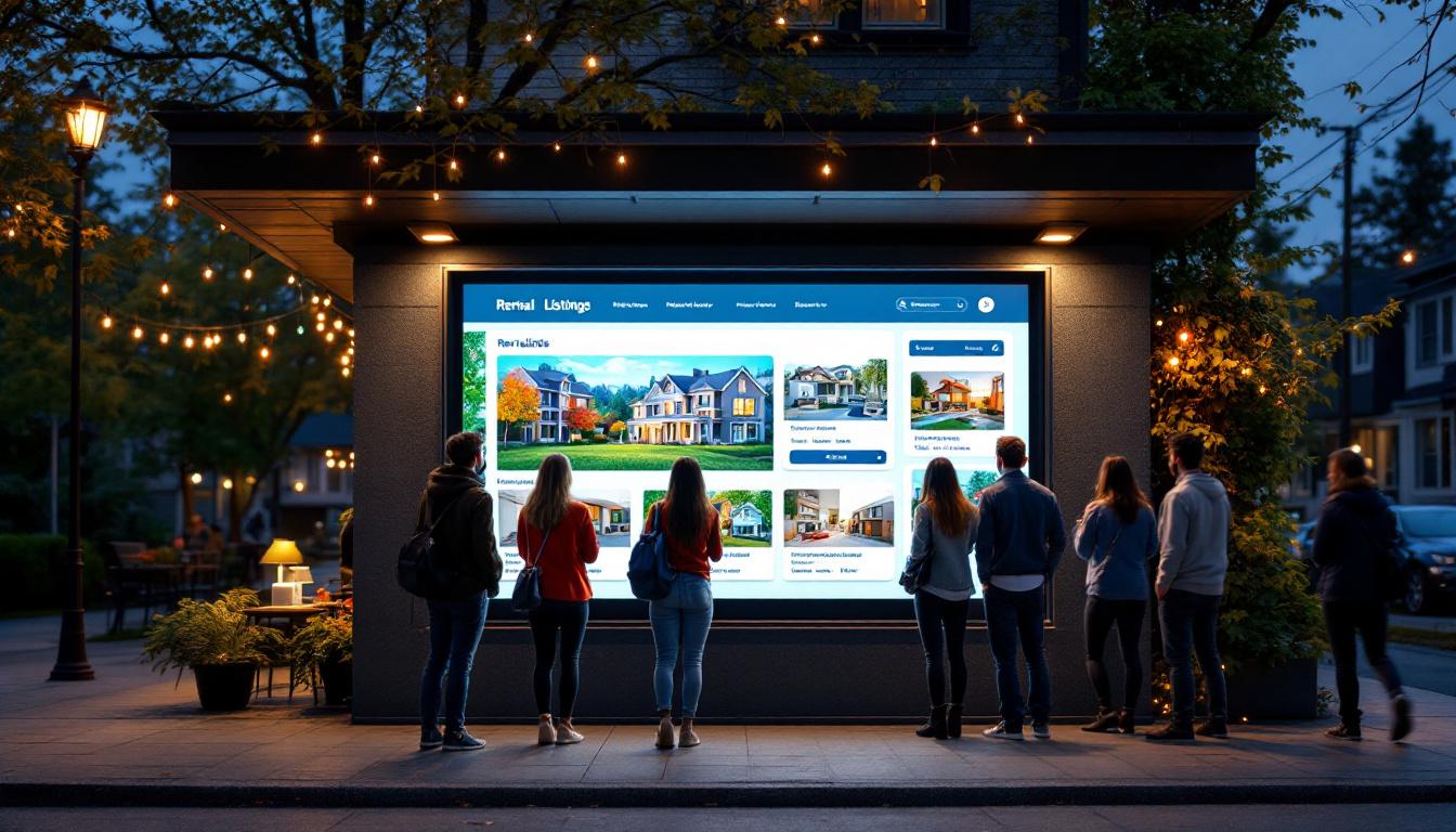 A photograph of capture a photograph of a vibrant led display showcasing rental listings in a lively beaverton