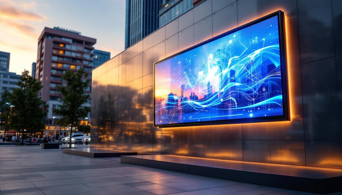 A photograph of a modern architectural wall featuring an integrated led display