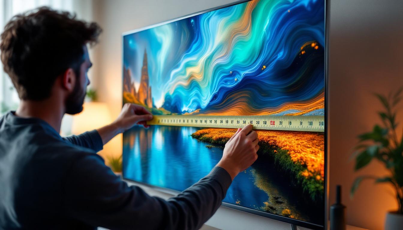 A photograph of a person measuring the diagonal of a large led tv screen with a tape measure