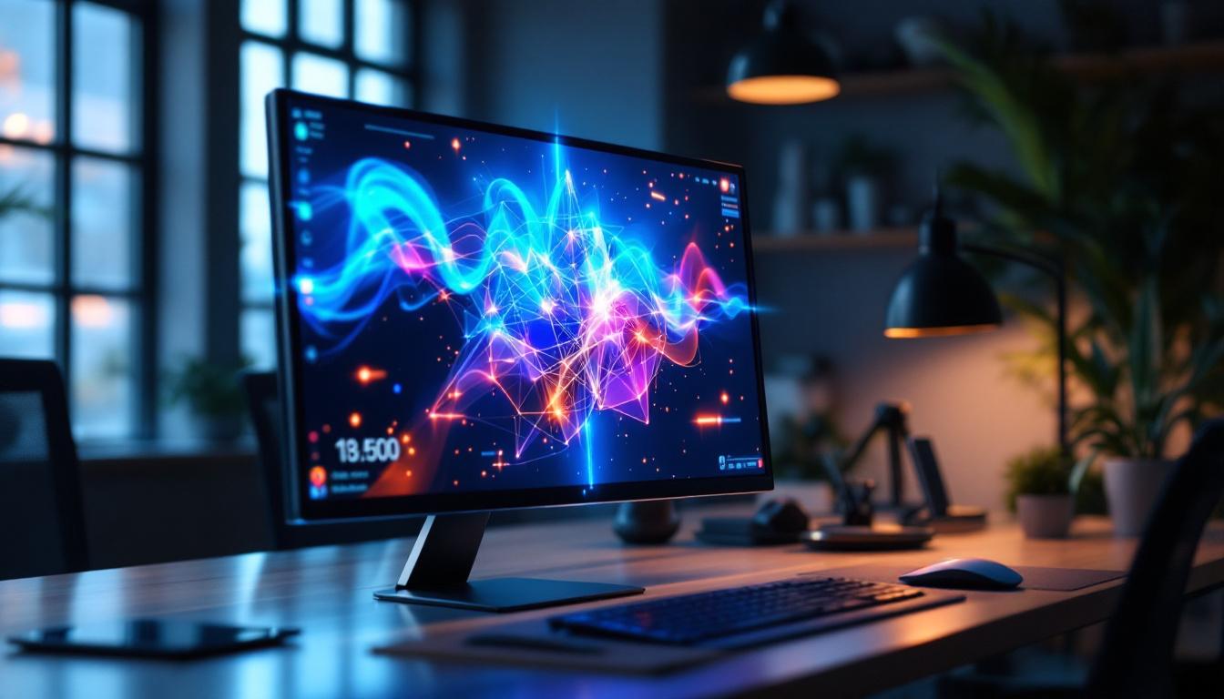 A photograph of a sleek wireless touch monitor displaying vibrant visuals