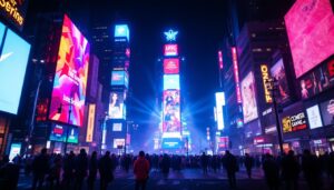 A photograph of a vibrant led display in a bustling urban environment