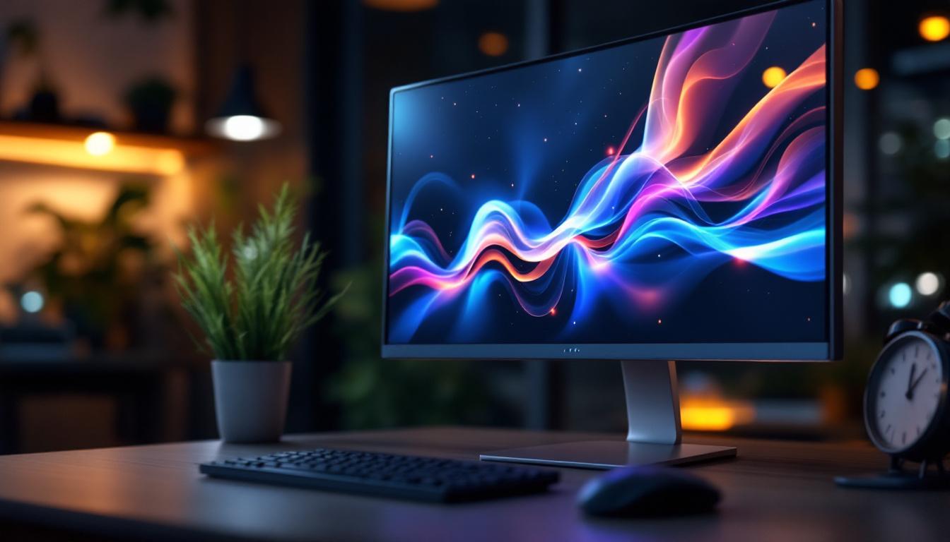 A photograph of a sleek all-in-one monitor featuring a vibrant led display in a modern workspace setting