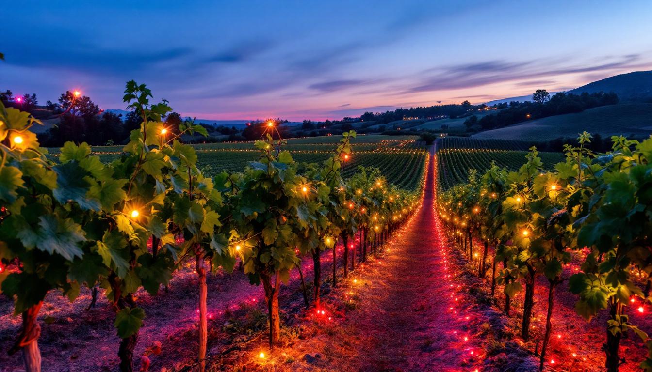 A photograph of capture a photograph of the vibrant led display at alma rosa vineyards