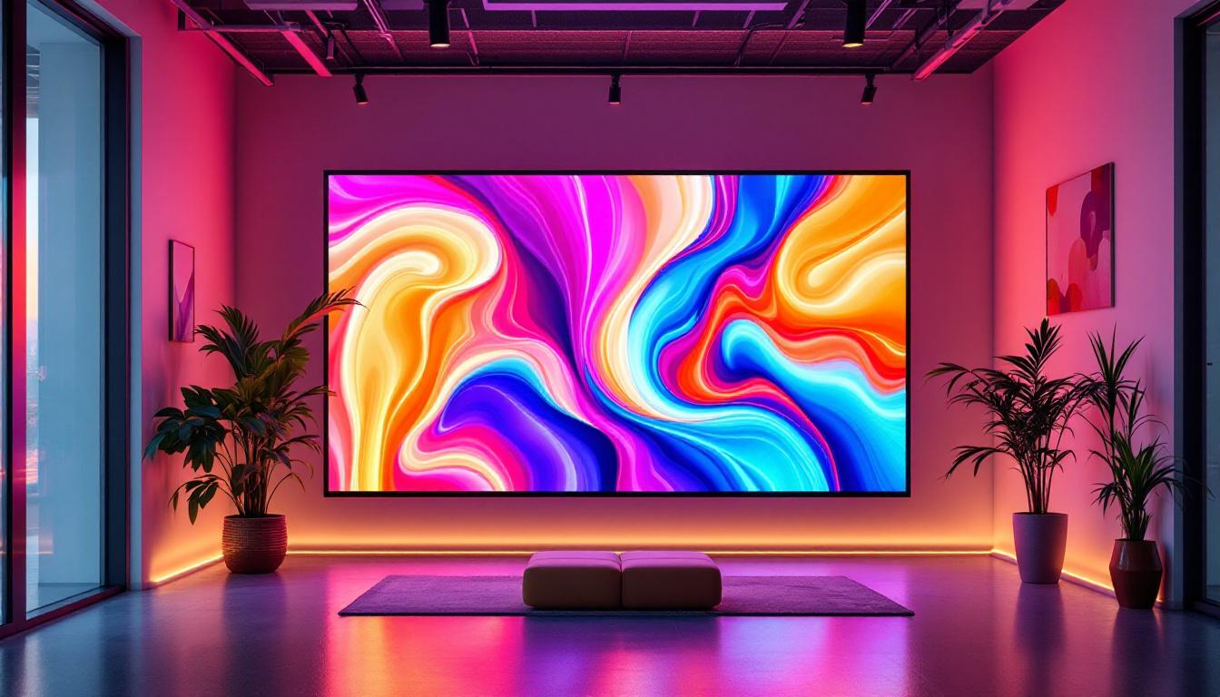 A photograph of capture a photograph of a modern indoor space featuring a sleek led display that serves as a temporary privacy wall