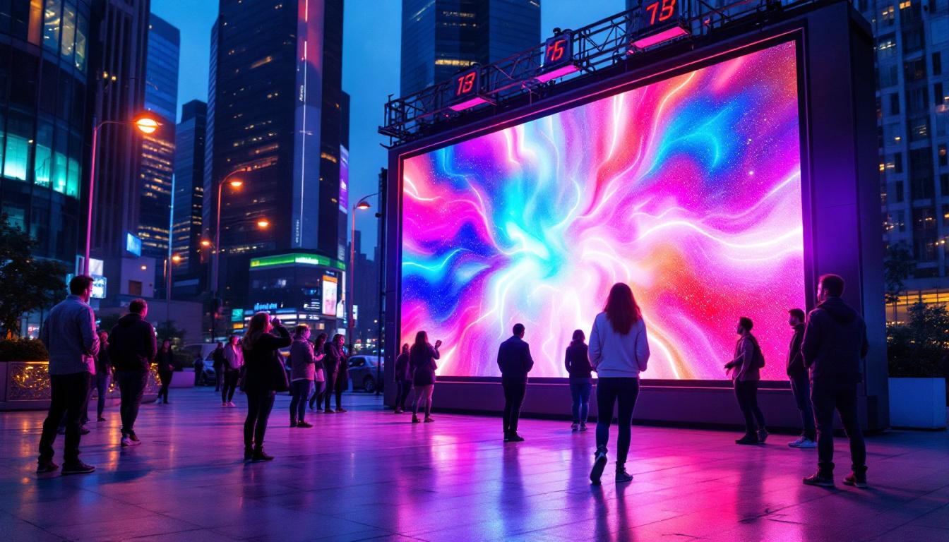 A photograph of a vibrant led display in an urban setting at dusk