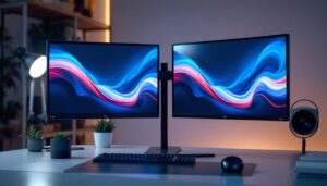 A photograph of capture a photograph of a sleek dual monitor stand mount in an aesthetically pleasing workspace