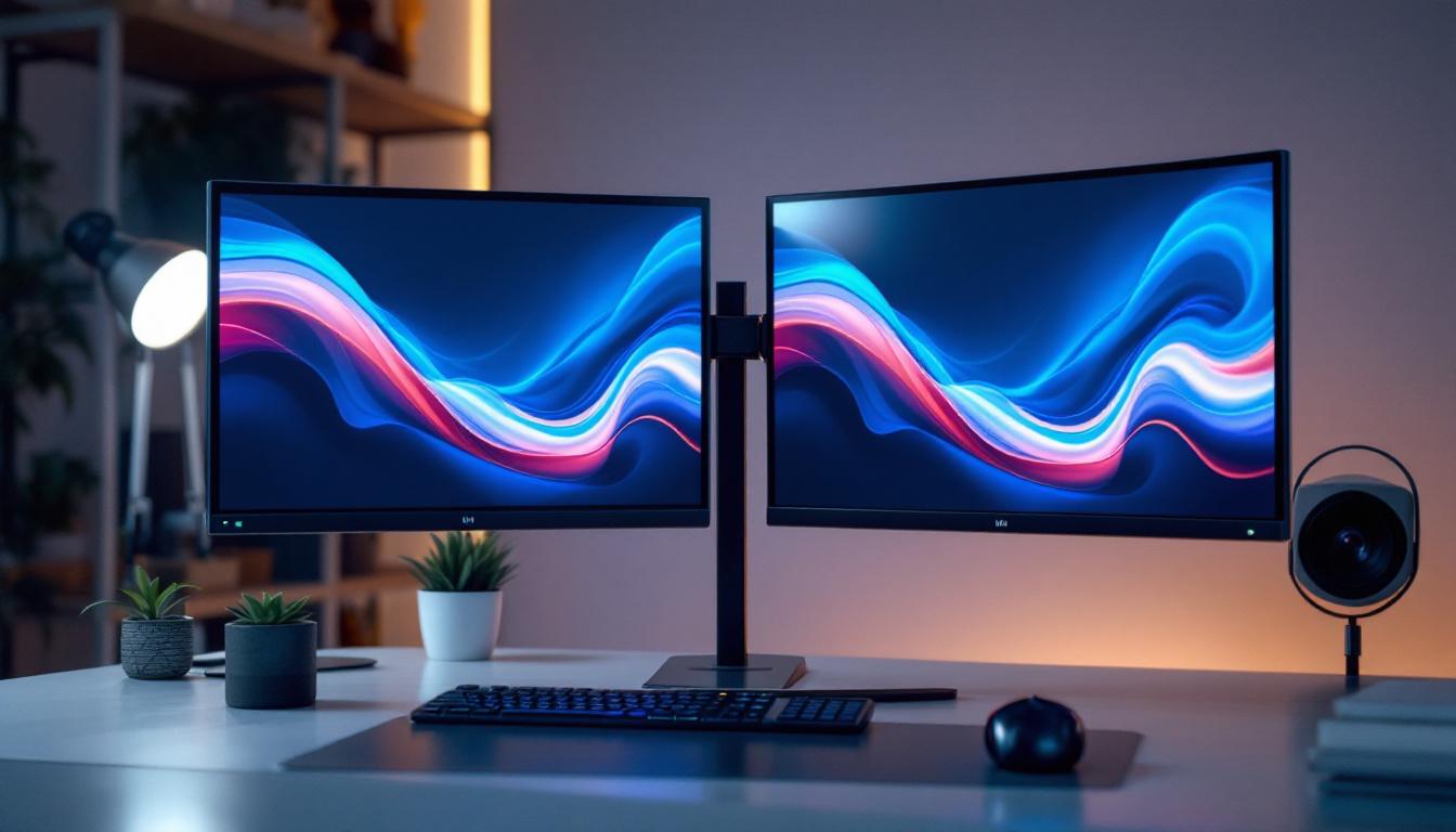 A photograph of capture a photograph of a sleek dual monitor stand mount in an aesthetically pleasing workspace