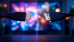 A photograph of a side-by-side comparison of an hdmi 2.1 cable and a displayport 1.4 cable