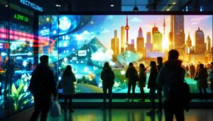 A photograph of a vibrant led display showcasing recycling messages or visuals in an urban setting