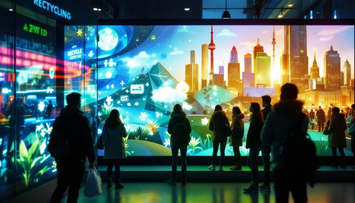 A photograph of a vibrant led display showcasing recycling messages or visuals in an urban setting
