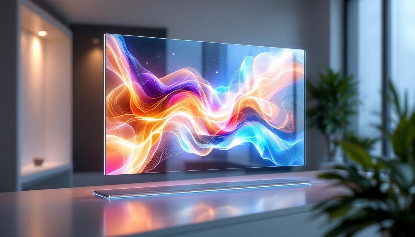 A photograph of a transparent lcd display showcasing vibrant images or videos