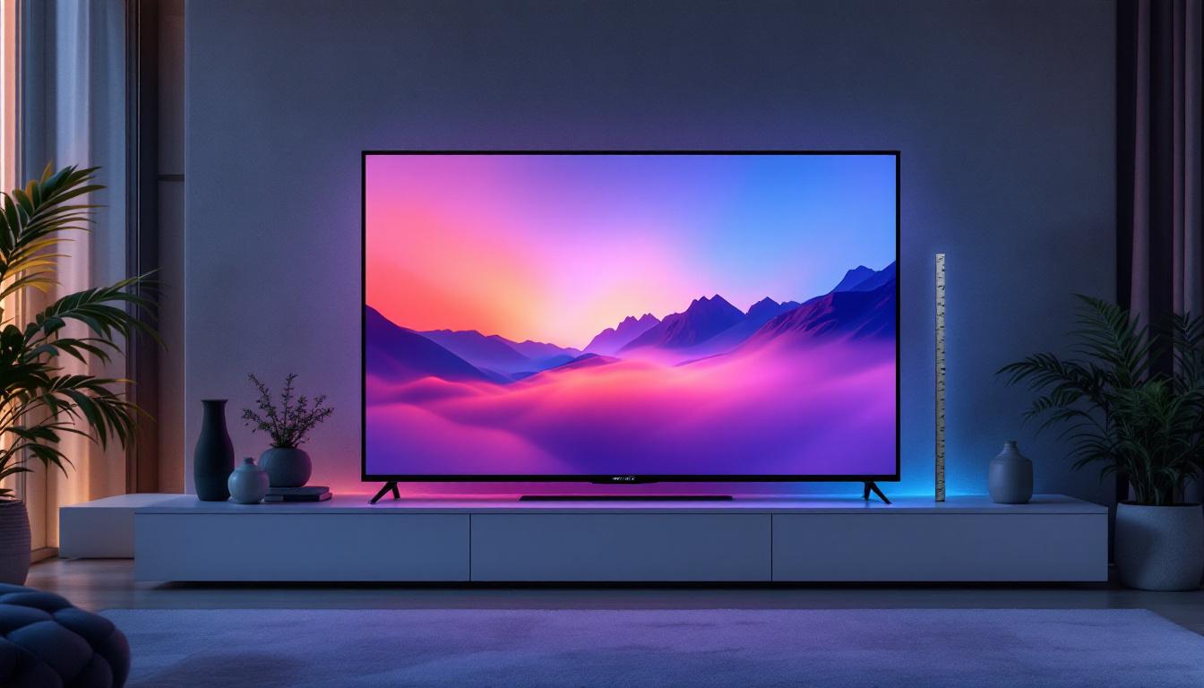 A photograph of a sleek 55-inch led tv displayed in a modern living room setting