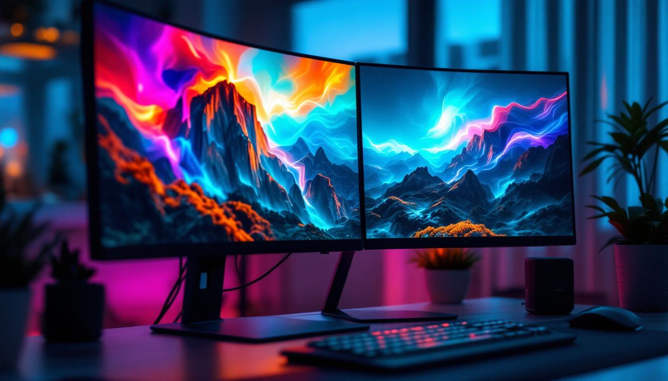A photograph of a sleek dual-screen monitor setup displaying vibrant