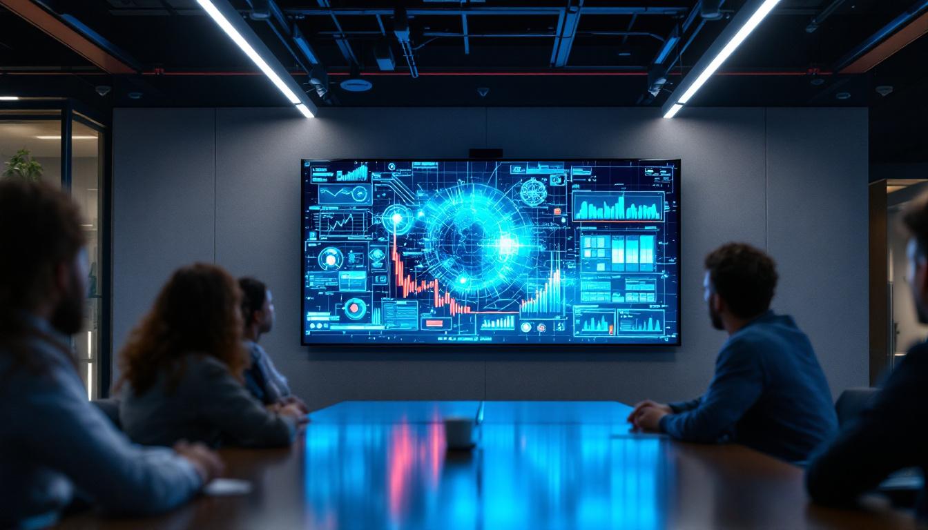 A photograph of a modern conference room featuring a large led display mounted on the wall
