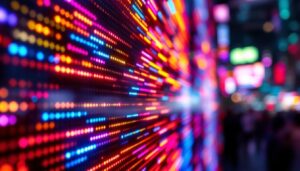 A photograph of a close-up shot of a vibrant led display in action