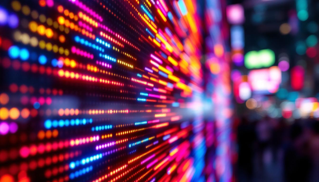 A photograph of a close-up shot of a vibrant led display in action