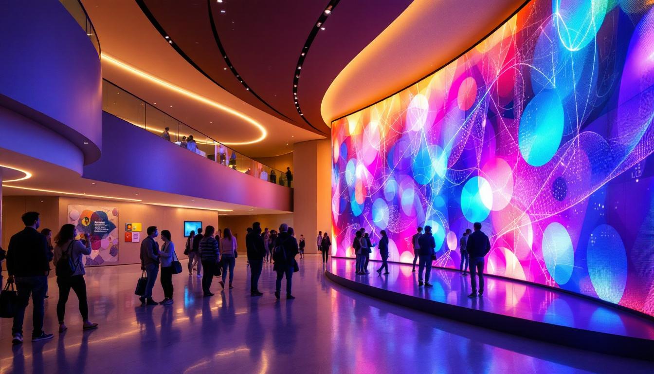 A photograph of a modern architectural space featuring a vibrant led display integrated into the design